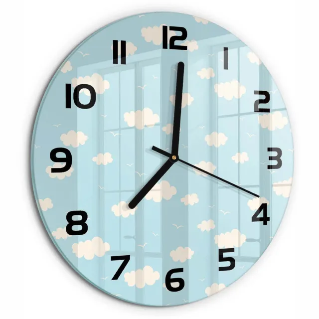 TULUP Wandklok - Wolk Decoratieve Glazen Klok - fi30 cm - Blauw Glazen Wandklok Design - Zwarte handen - Ronde Klok - Glazen Klok Met Print - Wandklok Glas Met Motief