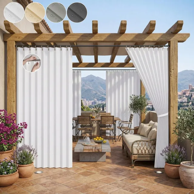 Qelus Anti-Haak Buitengordijn Waterdicht - Krasbestendig Outdoor Gordijn met Permanente Plooi 140x200 cm - Slijtvast Verduisterend Terrasgordijn voor Tuin & Balkon - Wit - 1 paneel Wit - 1 Stuk