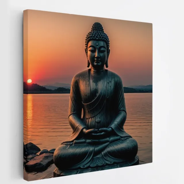 Saammp Canvas Schilderij - Boeddha bij het water tijdens Zonsondergang - 40x40 - Foto op canvas - Wanddecoratie - Muurdecoratie Woonkamer - Canvas schilderijen Multicolor