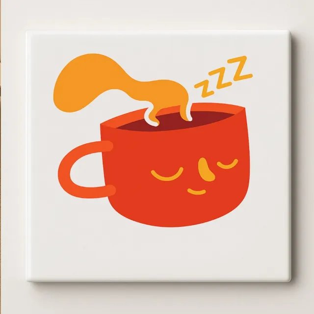 Nevolis Slaperige Koffiekop Tegel – 15x15cm Schattige Keramische Wanddecoratie | Ontspannende Keukendecoratie & Cadeau voor Koffieliefhebbers Multi Color