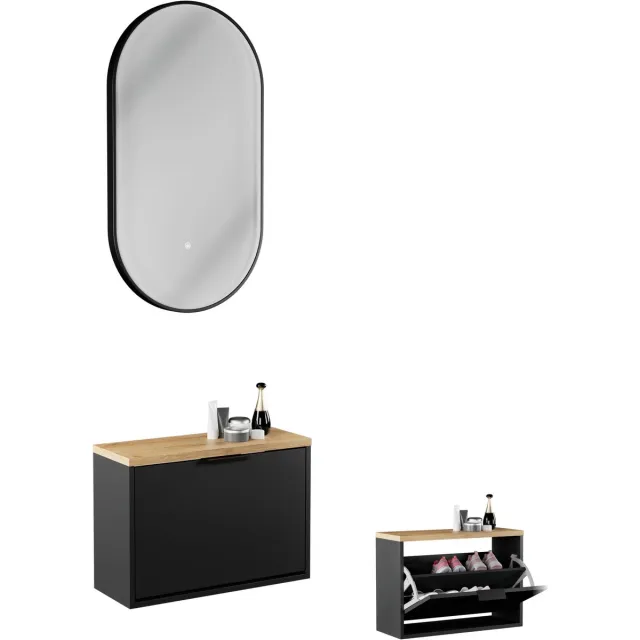 Planetmöbel STIVIO Schoenenkast 60 cm Zwart met LED Spiegel GLORA