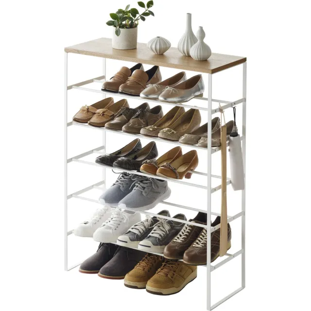 Yamazaki Schoenenrek met Houten Bovenblad - 6 niveaus - Tower - Wit