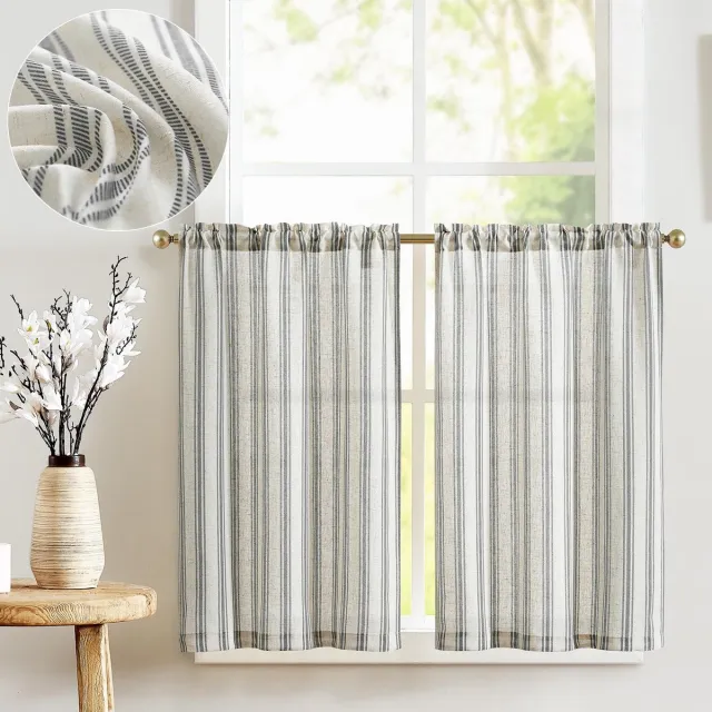 Ibenzoa Luxe Semi-transparante Linnen Vitrage met Gestreept Design voor Kleine Ramen in Huis, Set van 2 Stuks, 65 B x 60 H cm, Zwart op Beige