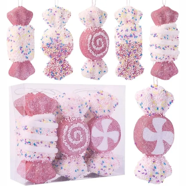 FLITI Kerstboomversiering Snoepjes - Roze Witte Kersthangers met Kralen Details - Snoepvorm Kerstornamenten voor Kerstboom, Kerstkrans en Feestdecoratie - 15 cm - 6 Stuks