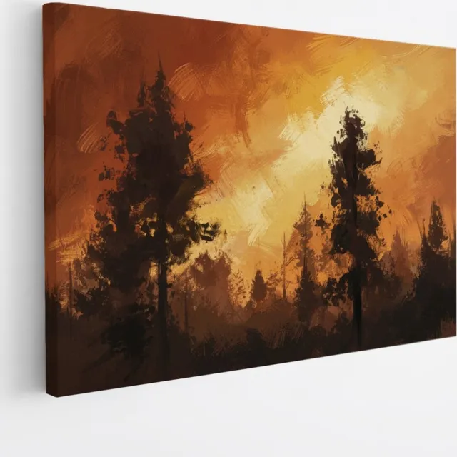 Saammp Canvas Schilderij - Oranje- Bomen - Abstract - Landschap - Natuur - 70x50 - Foto op canvas - Wanddecoratie - Muurdecoratie Woonkamer - Slaapkamer decoratie - Canvas Print Multicolor
