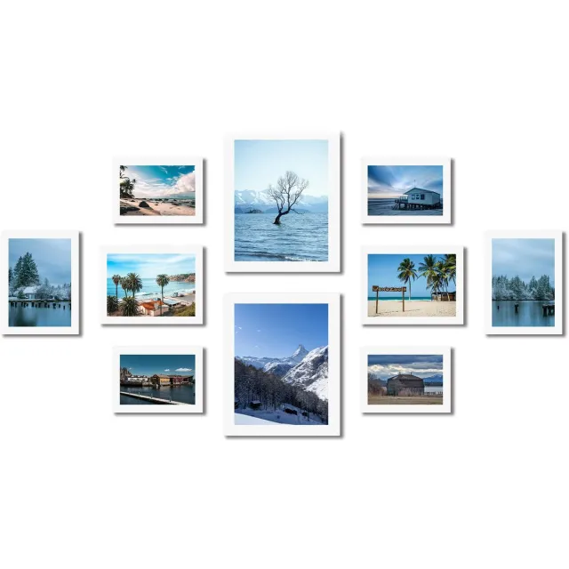 Famanu Set van 10 fotolijsten in collagevorm, twee 20 x 25 cm, vier 13 x 18 cm en vier 10 x 15 cm, witte fotolijsten voor het tonen van herinneringen