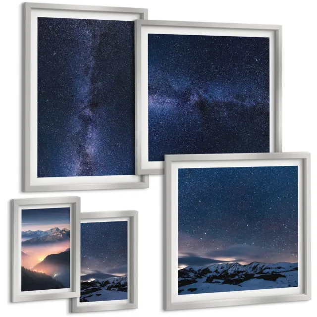 TULUP 4-Delige Schilderij Set - Kosmische landschappen van de nachtelijke hemel en de sterren - 50 x 50 cm, 20 x 30 cm en 40 x 60 cm - Stijlvolle Muurdecoratie - Slaapkamer - Wanddecoratie Zilveren lijst