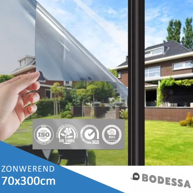 BODESSA Isolerend HR+ Raamfolie - Zonwerende Folie met Spiegeleffect - Anti Inkijk - Statisch - Zilver - 70 x 300cm Zilver met spiegeleffect