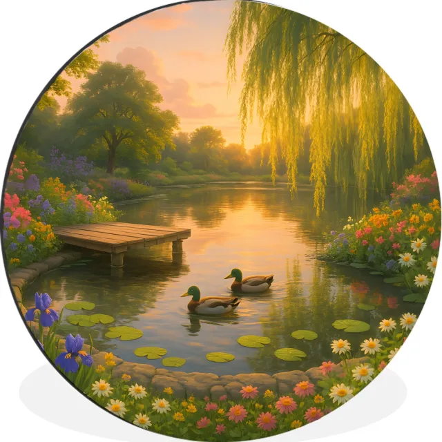 WallCircle Wandcirkel - Muurcirkel - Eenden - Vijver - Bloemen - Aluminium - Dibond - 140x140 cm - Binnen en Buiten