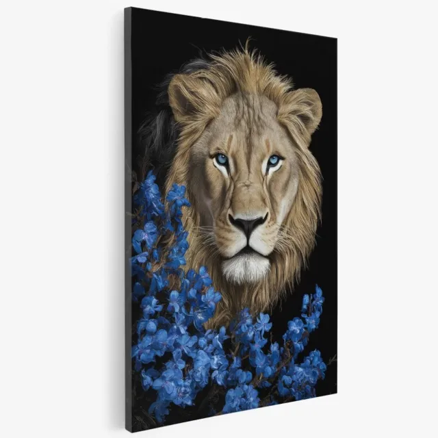 Saammp Canvas Schilderij - Leeuw - Blauwe Bloemen - Abstract - Dieren - 50x70 - Foto op canvas - Wanddecoratie - Muurdecoratie Woonkamer - Slaapkamer decoratie - Canvas Print Multicolor