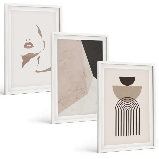 TULUP 3-Delige Schilderij Set - Abstracte geometrische vormen en een vrouwengezicht - 40x60 - Decoratieve Schilderijen - Wanddecoratie - Hal - Woonkamer Decoratie Witte lijst