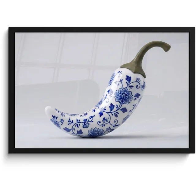 FrameYourWall Poster in lijst - Fotolijst 60x40 cm - Posters - Chilipeper - Keramiek - Blauw - Posterlijst zwart - Decoratie - Wanddecoratie woonkamer - Muurdecoratie slaapkamer