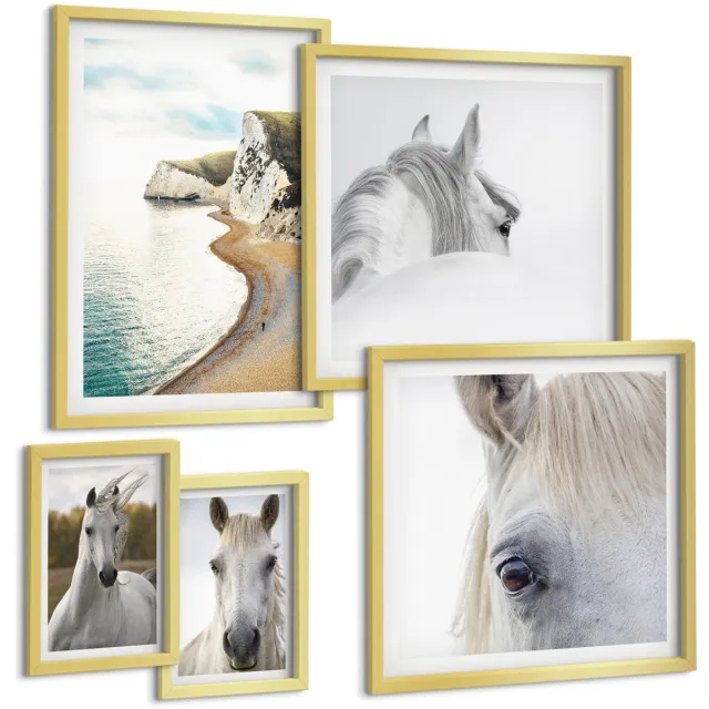 TULUP 5-Delige Schilderij Set - Paarden op het strand en in de natuur in een minimalistische stijl. - 50 x 50 cm, 20 x 30 cm en 40 x 60 cm - Wanddecoratie - Woonkamer Decoratie - Decoratieve Schilderijen Gouden lijst