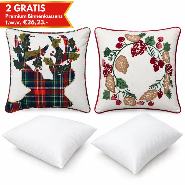 Urbane Hide KerstKussen Set van 2 Kussenhoezen incl. Gratis Binnenkussens - Kerst Kussenhoes - Vierkant Kussenhoesjes - Kerstkussens met Rendier en Bessenkrans Print & Borduurwerk - 45x45 cm - Katoen - Wit/Rood/Groen
