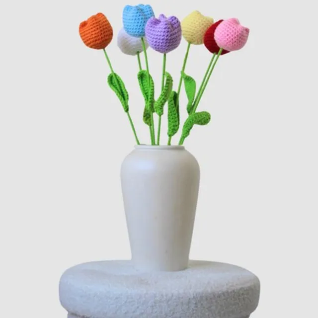 Woolbloom kunstbloemen - Gehaakte Bloemenboeket - Tulpen - interieurdecoratie - onderhoudsvrij roze