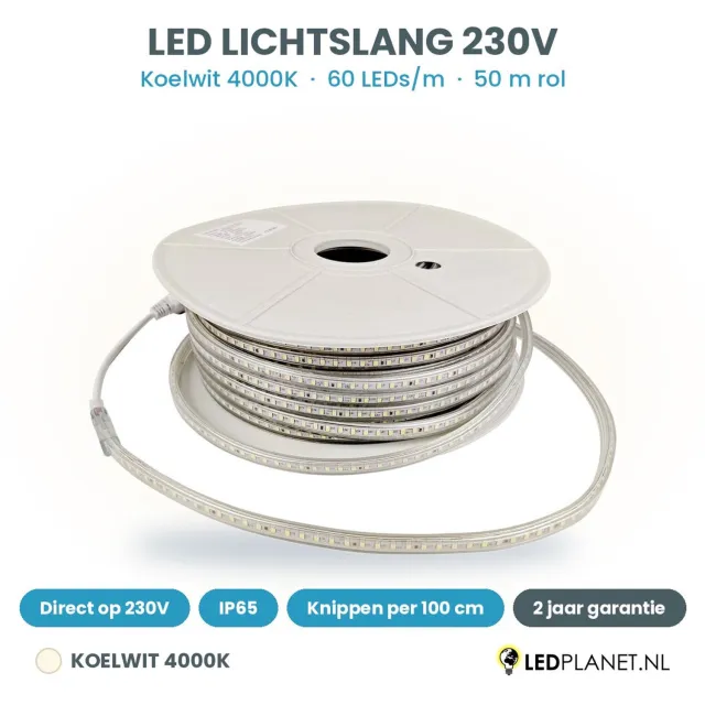 Tsong LED Lichtslang 230V - Koelwit 4000K - 60 LEDs/m - 4W/m - 400lm/m - IP65 - 6mm - 50m rol