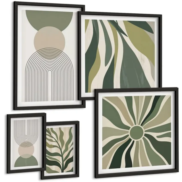 Coloray 5-Delige Schilderij Set - Stijlvolle Abstracties In Tinten Groen En Beige. - 50 x 50 cm, 20 x 30 cm En 40 x 60 cm - Decoratieve Muurdecoratie - Slaapkamer - Woonkamer Decoratie Zwarte lijst