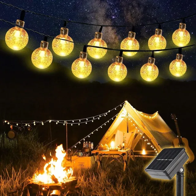 OYLCDI Solar Lichtslinger-12 Meter met 100 Warmwitte LED Bolletjes, 8 Lichtstanden, Solar Tuinverlichting voor Tuin, Terras, Balkon, Feest en Kerstdecoratie