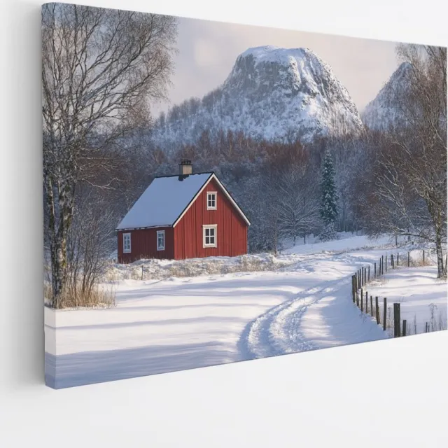 Saammp Canvas Schilderij - Natuur - Rood huis in de sneeuw - landschap - 60x40 - Foto op canvas - Wanddecoratie - Muurdecoratie Woonkamer - Slaapkamer decoratie - Canvas Print Multicolor
