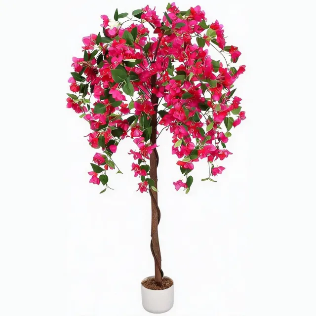 Danky luxe kunstbuganvilla, 150cm roze hoogdetail natuurhout stam, hoogdichte polyester met luxe cementen pot