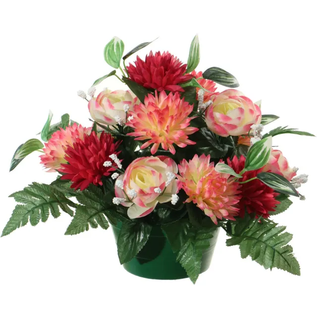 Louis Maes Kunstbloemen plantje in pot - multi kleuren - 25 cm - Bloemstuk ornament - ranonkels/asters met bladgroen