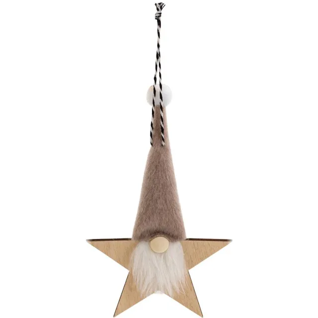 Feeric lights & Christmas Hangversiering van een kerstboom met kabouter aan een houten ster, 19 cm Marron