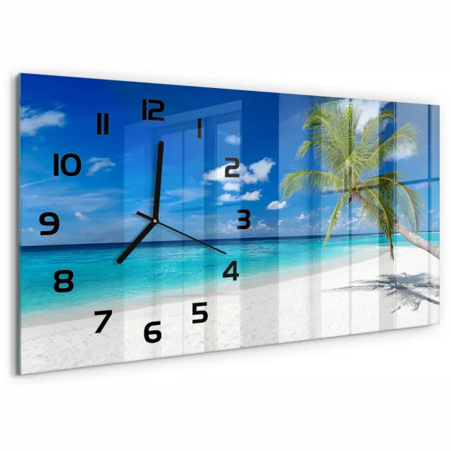 TULUP Wandklok - Tropisch strand Klok Glas Met Opdruk - 60x30 cm - Blauw Moderne Wandklok Glas - Zwarte handen - Rechthoekige Klok - Decoratieve Glazen Klok - Glazen Wandklok Design