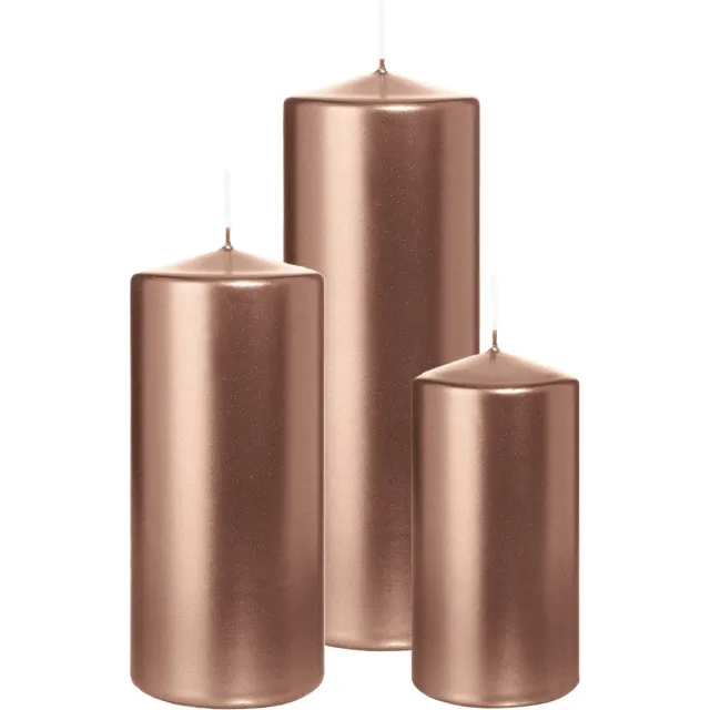Wiedemann Cilinderkaarsen/stompkaarsen - set van 3 - metallic roségoud - 6x12/7x15/7x20 cm Rose goud