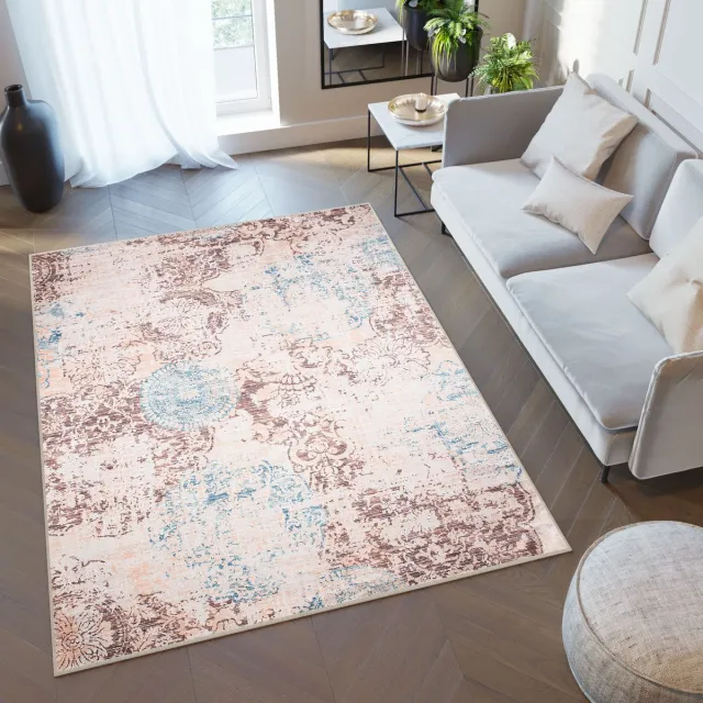 Tapiso Toscana Vloerkleed Vintage Blauw Beige Woonkamer Tapijt Beige Blauw 2