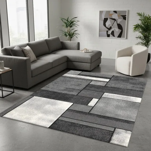 TapisTrend Designer tapijt Grijs 80x340 cm Abstract geometrisch vloerkleed met een modern rechthoekig blokpatroon