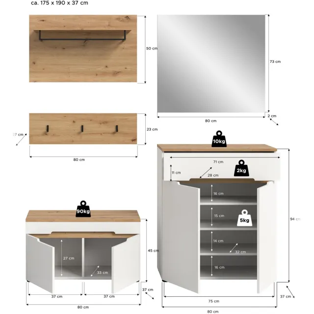 Furnilux Canu Garderobecombinatie Wit 175x190x37 cm – 4-delig met Spiegel Weiß
