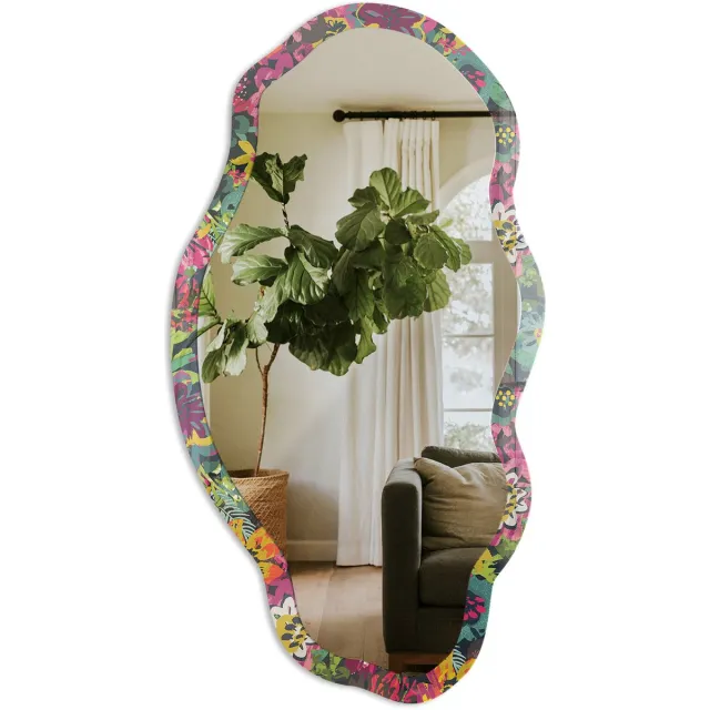 TULUP Een Bloemenfestijn Spiegel - Groen Elegante Rechthoekige Wandspiegel - Organische Spiegel - Slaapkamer, Woonkamer, Hal - Abstract - 45x90 cm - Totale afmeting 52x97 cm Bloemensprookje, Groen