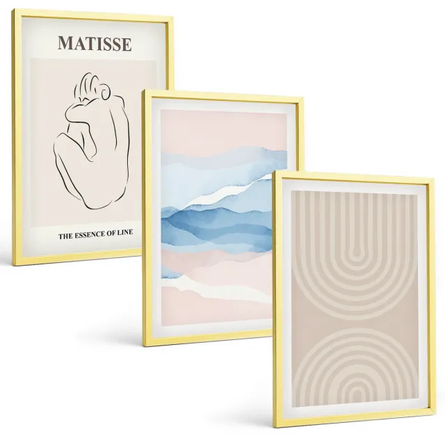 TULUP 4-Delige Schilderij Set - Lijnen en golven in pasteltinten met een minimalistisch accent. - 40 x 60 cm - Moderne Wanddecoratie - Slaapkamer - Interieur Decoratie Gouden lijst