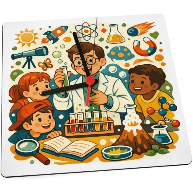 Mr Cadeautjes Klok 19 x 19 - design Een energieke wetenschapsscène met buitenproeven en een spee | cadeau Wit
