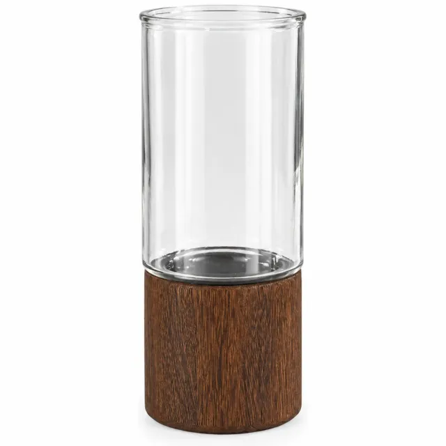 SWGOTA Glazen vaas van glad rookgrijs glas met houten voet - 25,5 cm hoog, diameter 10 cm - voor verse bloemen