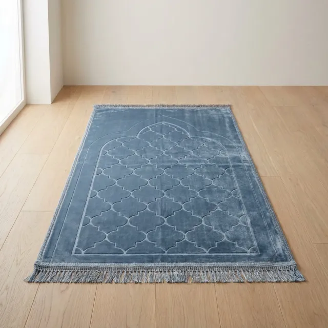 Firaset Seccade- Luxe Gebedskleed – Zacht Fluwelen Janamaz – Effen Ontwerp – Ramadan & Eid Geschenk blue-grijs