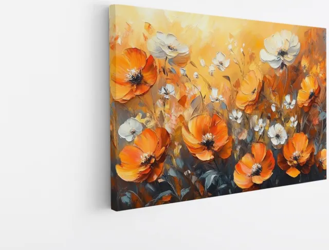 Saammp Canvas Schilderij - Oranje en witte bloemen - Natuur - Abstract - 70x50 - Foto op canvas - Wanddecoratie - Muurdecoratie Woonkamer - Woonkamer Decoratie Multicolor
