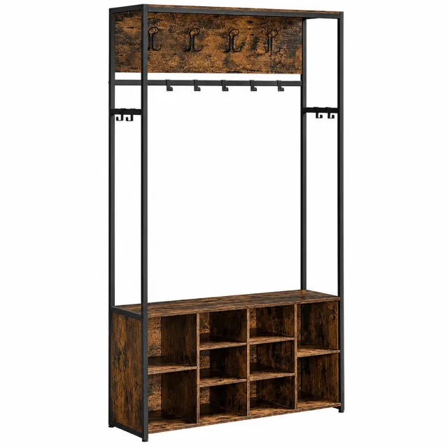 Loushops Kapstok - Kapstok Staand - Garderoberek - Kapstok met Haken - 10 Vakken - 13 Haken - Zitbankje - Staal - Zwart - Hout