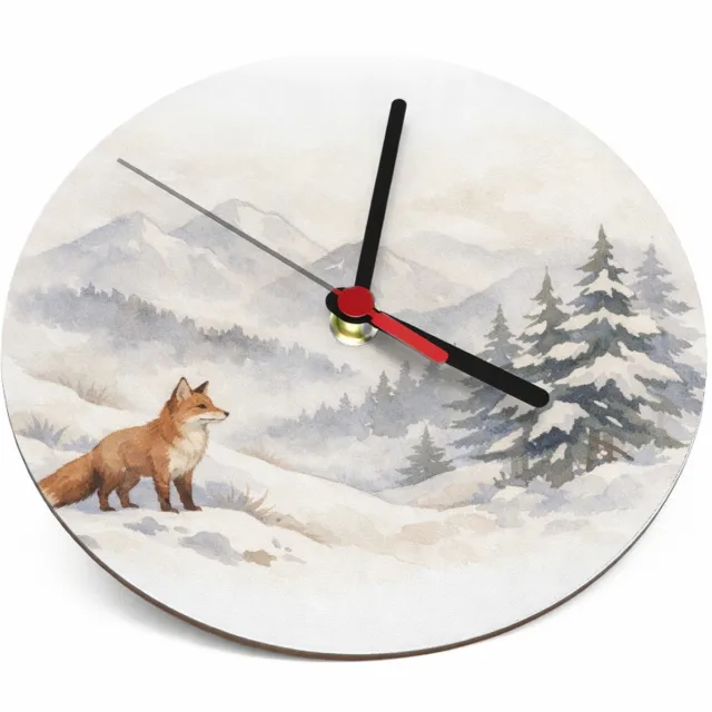 Mr Cadeautjes Klok rond Ø 19 - design Een bergwinter-scène met een vos die op een besneeuwde helli | cadeau Wit