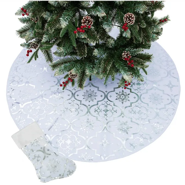 KZQ Kerstboomkleed & Kerstboomrok met Kerstsok - Sneeuwvlok Patroon - 122 cm - Kerstkleed, Kerstboomdeken & Kerstboommat - Kerstversiering & Kerstdecoratie - Wit Wit-4
