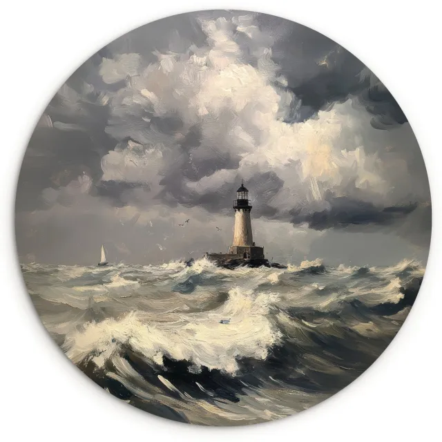 WallCircle Wandcirkel 150x150 cm - Muurcirkel Vuurtoren - Golven - Storm - Muurdecoratie woonkamer - Wanddecoratie slaapkamer - Kamer decoratie accessoires - Ronde schilderijen
