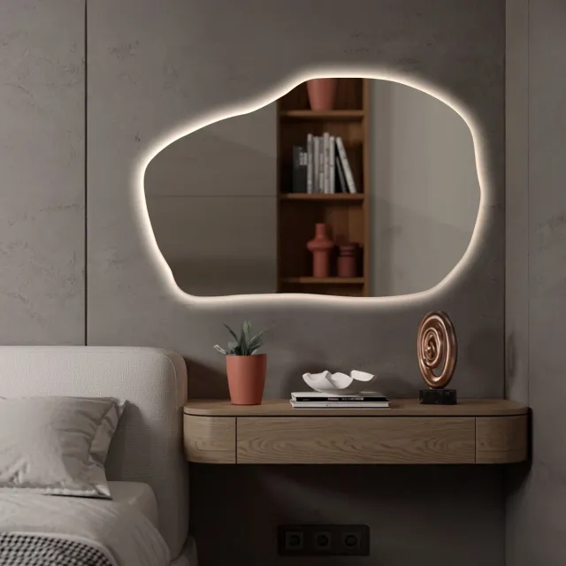 Coloray Spiegel LED - Decoratieve Organische Spiegel Gang - 90 cm x 58,5 cm - Organische Spiegel Met LED Verlichting - Grote Organische Badkamerspiegel LED - Neutraal Licht - Spiegel Organisch Met Licht - Decoratieve LED Spiegel Neutraal Wit