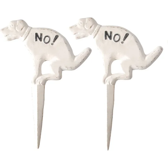 Esschert Design Hondenbordje - Set van 4x stuks - niet poepen - gietijzer 33 cm - Tuinsteker hondje no! - hondenpoep tuinborden Wit