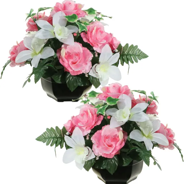 Louis Maes Kunstbloemen plantje in pot - 2x - kleuren roze/wit - 25 cm - Bloemstuk ornament - orchidee/rozen met bladgroen