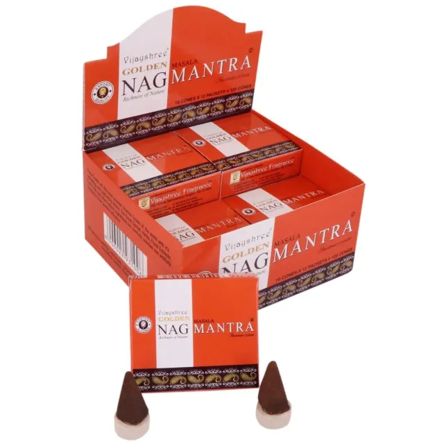 Vijayshree Golden Nag Mantra Masala Wierookkegels – 12 Pakketjes x 10 Kegels | Natuurlijke Dhoop Kegels, Handgerold in India, 60 min Brandtijd | Meditatie & Ontspanning met Kajal Sticker Bruin