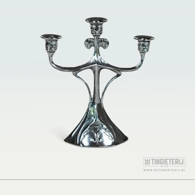 De tingieterij Kandelaar 3-arm Jugendstil - Luxe Woninginrichting - Uniek en Handgemaakt - Landelijk - Sfeerverlichting Zilver