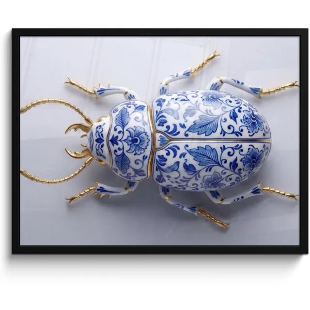 FrameYourWall Poster in lijst - Fotolijst 80x60 cm - Posters - Kever - Delfts - Blauw - Goud - Posterlijst zwart - Decoratie - Wanddecoratie woonkamer - Muurdecoratie slaapkamer