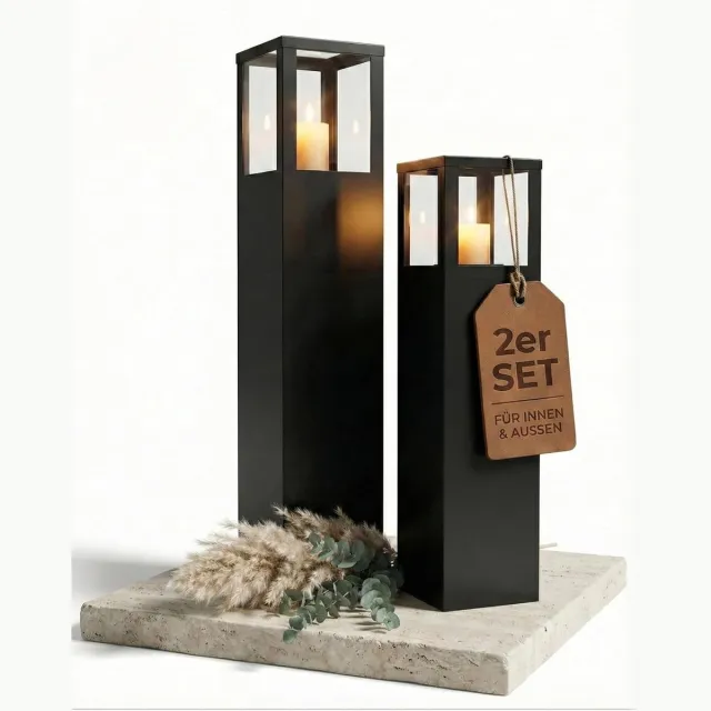 Bentson Windlichtzuil Set van 2: 75 cm + 95 cm zwart (hoekig)