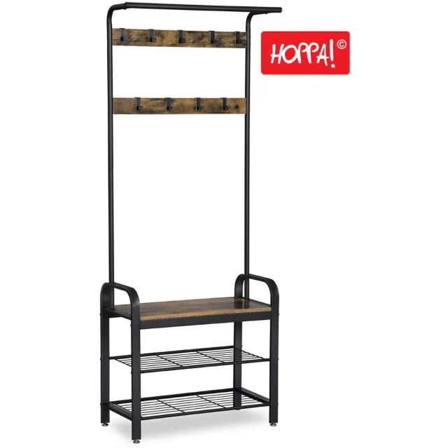 Hoppa! Kapstok - Garderoberek Staand - Schoenenrek - Bruin - Staal/Hout - 72x33,7x183cm (BxDxH)