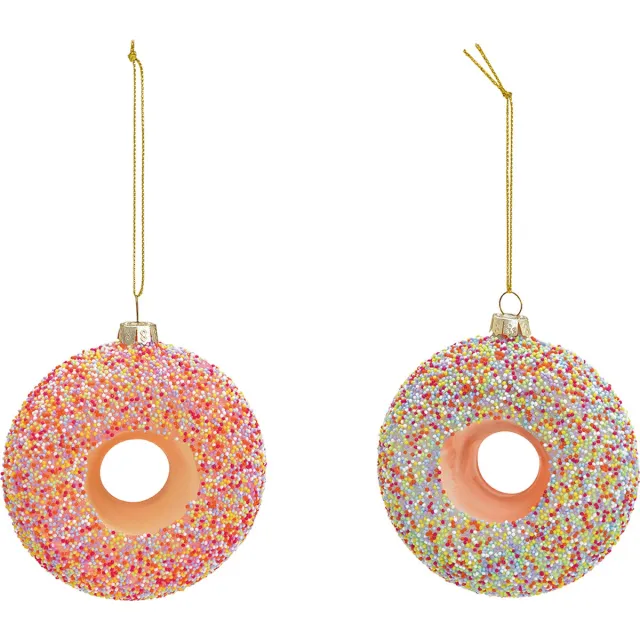 Viv! Christmas Kerstornament - Donuts met Spikkels - set van 2 - glas - multi - 9cm roze